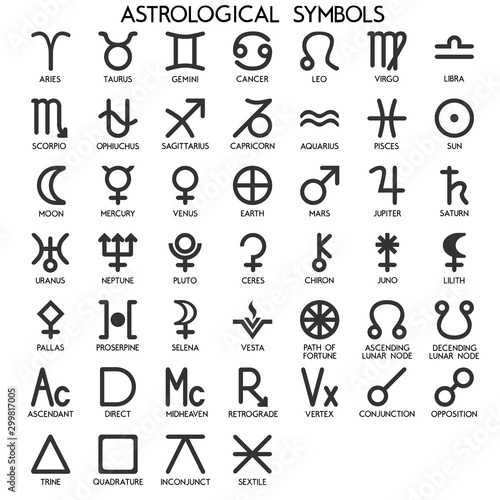 Vector. Astrological symbols of planets, zodiac constellations, aspects and nodes. These icons are used in astrology, astronomy, natal, star maps, horoscopes, jyotish. Layers good separated. photo
