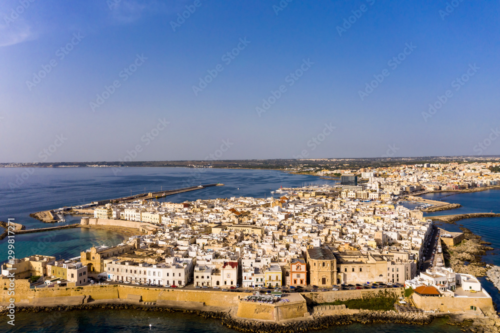 Aerial view, old town with fort, ramparts and harbor, Gallipoli, Lecce province, Salento peninsula, Puglia, Italy Aerial view, old town with fort, ramparts and harbor, Gallipoli, Lecce province, Salento peninsula, Puglia, Italy