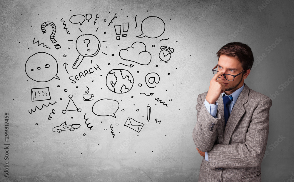 Young person thinking with office problems concept Young person thinking with office problems concept