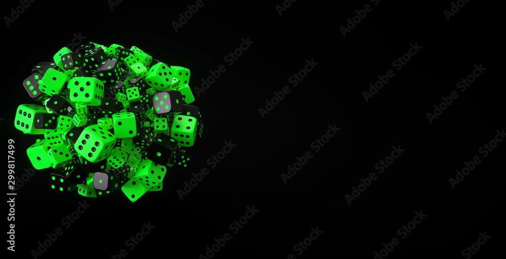 A Lot Of Black And Green Modern Dices In Form Of Sphere Isolated On The Black Background - Abstract Casino Concept - 3D Illustration A Lot Of Black And Green Modern Dices In Form Of Sphere Isolated On The Black Background - Abstract Casino Concept - 3D Illustration
