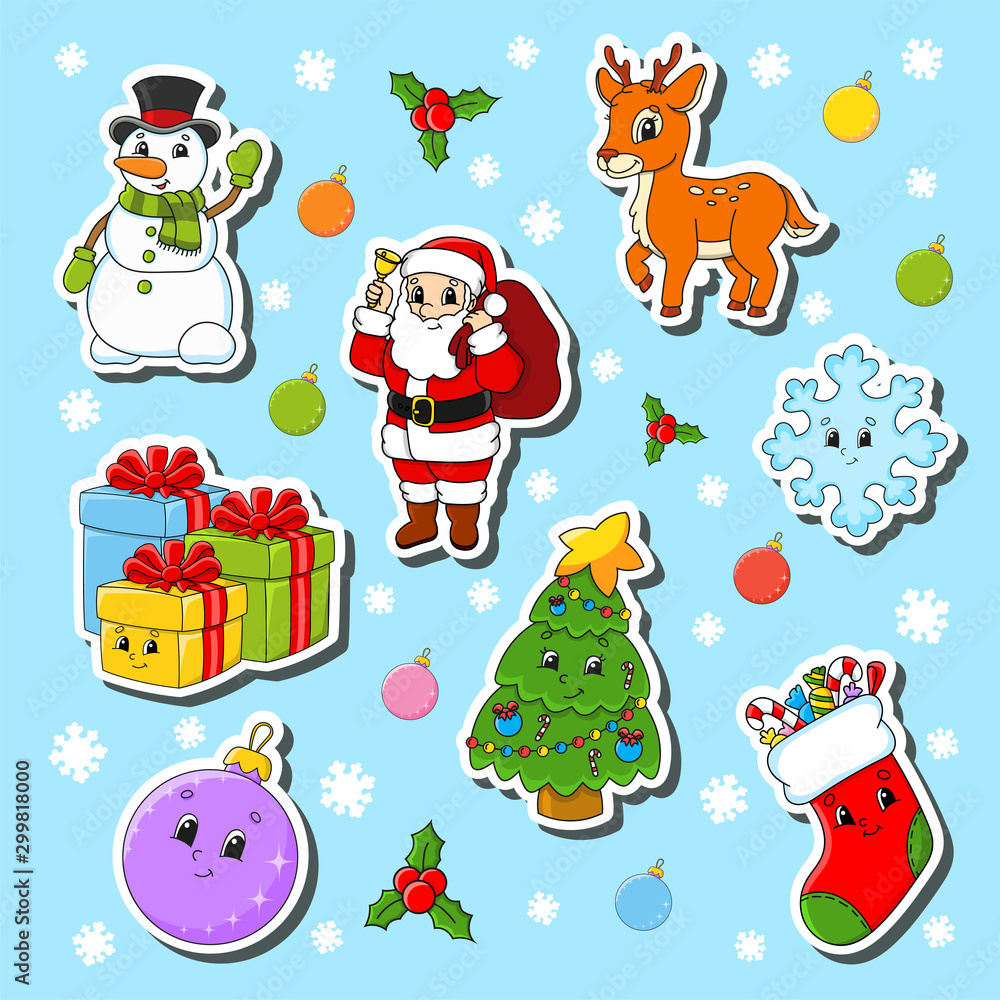 Set of christmas cute cartoon characters. Snowman, deer, Santa Claus, snowflake, gifts, Christmas tree, sock, Christmas ball. Happy New Year. Color vector illustration isolated on blue background.