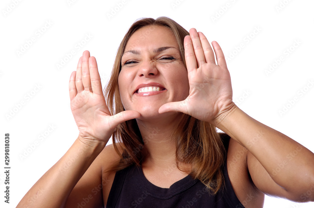 Girl laughs and shows palms near the face Girl laughs and shows palms near the face