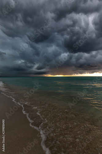 Beautiful view of a sandy beach in Varadero  Cuba  on the Caribbean Sea.  Taken during a dark  thunder and lightening storm.