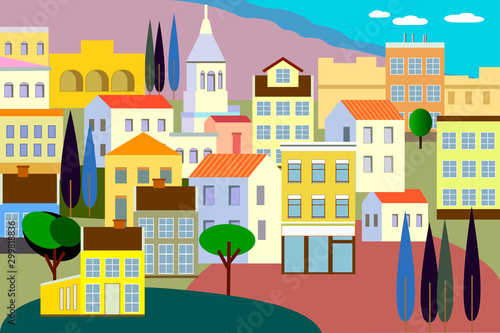 city landscape with buildings, hills and trees - vector illustration in simple minimal geometric flat style. abstract background for header images for websites, banners, covers