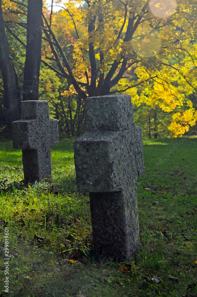 Close up of two stone crosses in an old cemetery in the woods. In the background a tree with yellow leaves in the autumn sun. Close up of two stone crosses in an old cemetery in the woods. In the background a tree with yellow leaves in the autumn sun.