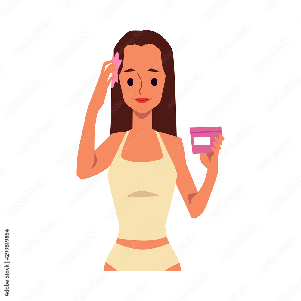 Woman applying pink hair conditioner from a jar - flat vector illustration.