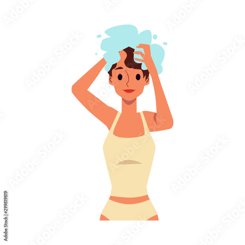 Cartoon woman washing her hair with shampoo - isolated flat vector illustration
