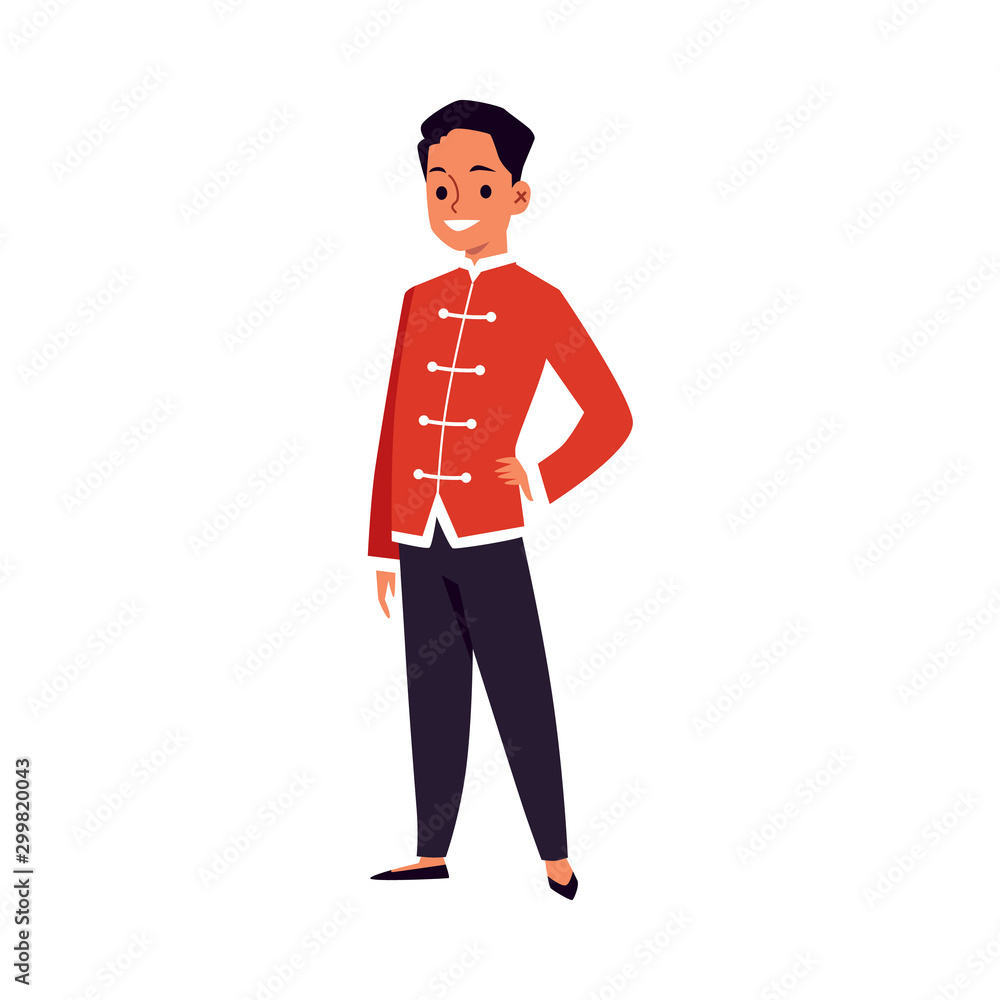 Asian man in chinese traditional red costume flat vector illustration isolated.