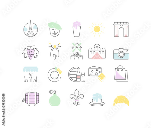 Set Vector Flat Line Icons France and Paris