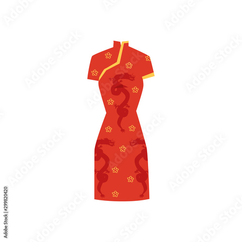 Chinese red dress ornate with flowers and dragons vector illustration isolated