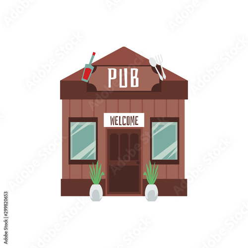 Pub wooden building with welcome signboard flat vector illustration isolated.