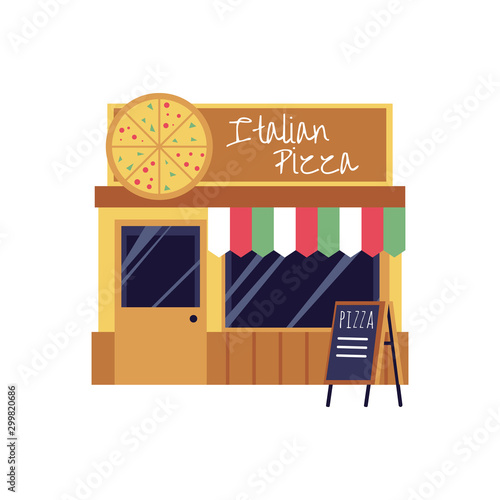 Pizza restaurant and takeaway pizza food shop flat vector illustration isolated.