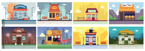 Colorful cafe and restaurant building banner set in flat cartoon style. photo