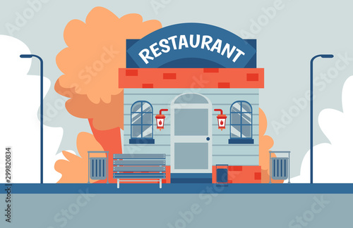 Modern small restaurant building front facade - colorful flat banner with autumn trees