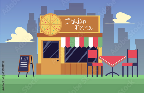 Italian pizza restaurant building facade on cityscape background with outdoor seating
