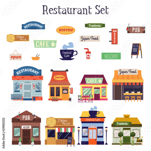 Flat cartoon restaurant building exterior and facade sign set