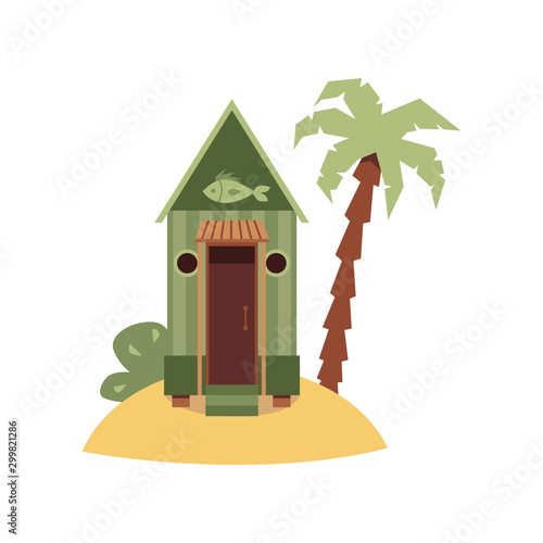 Tiny green beach hut with fish sign on small sand island with palm tree.