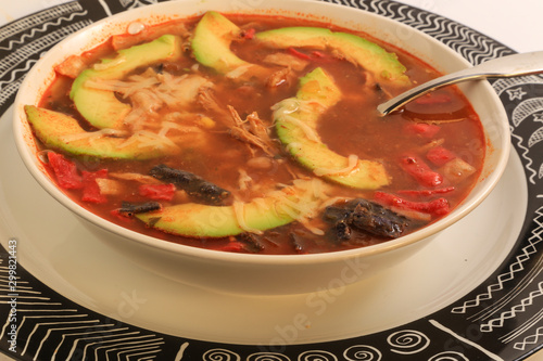 Chicken Tortilla Soup with Avocada Slices with Aztec Graphics