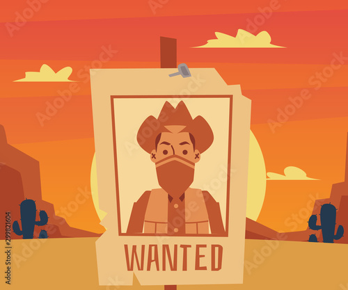 Wanted poster for cartoon cowboy on desert sunset landscape
