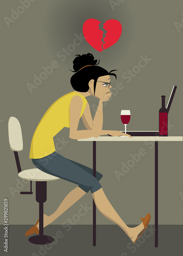 Sad young woman sitting at the computer with wine, a broken heart  over her head, EPS 8 vector illustration