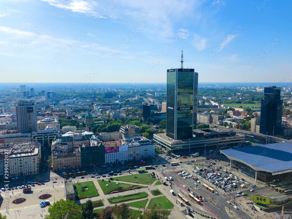 Fototapeta premium Warsaw, Poland. Aerial view of the old capital Warszawa. Modern downtown business skyscrapers, city center. Panoramic picture in sunny day.