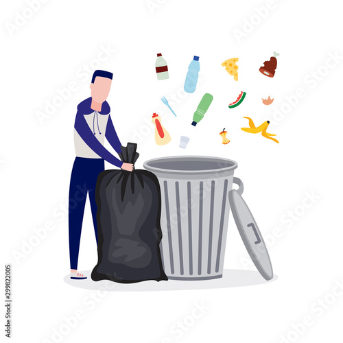 Cartoon man recycling and sorting trash standing by garbage bin with trash explosion.