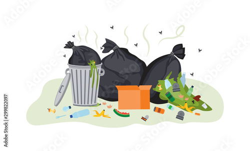 Dirty garbage pile overflowing with smelly food waste and plastic trash