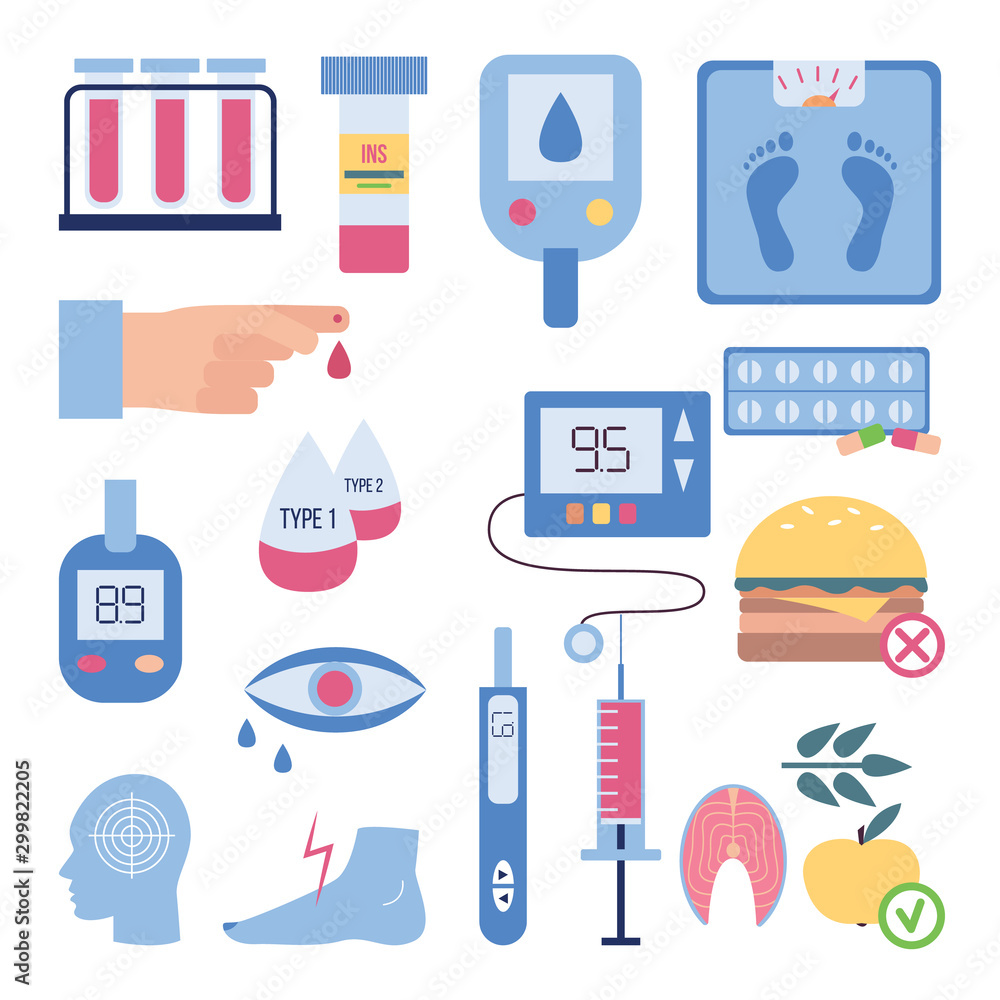 Diabetes symptoms and treatment - flat isolated set Diabetes symptoms and treatment - flat isolated set