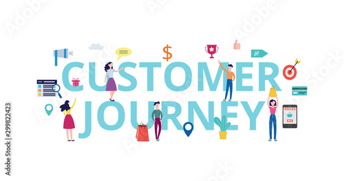 Customer journey banner - shopping people standing by giant words