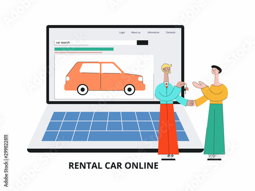 Car search website - cartoon salesman giving car keys to customer
