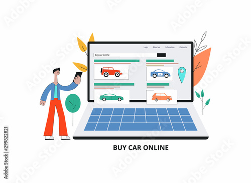 Car purchase banner with man using phone to buy car, vector illustration isolated.