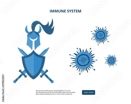 Immune system banner - knight shield, helmet and sword against bacteria.