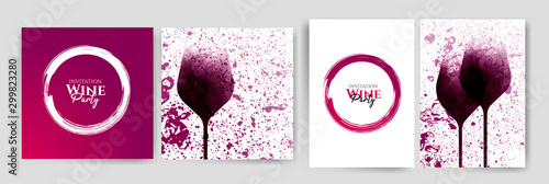 Collection of templates with wine designs. Wine glass illustration. Background texture and stains of red wine.