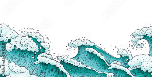 Dramatic hand drawn stormy sea waves - flat banner isolated on white background.