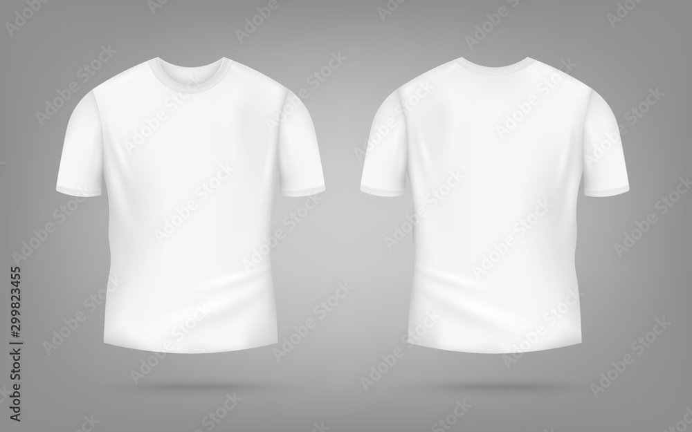 White male t-shirt realistic mockup set from front and back view on grey background - obrazy, fototapety, plakaty 