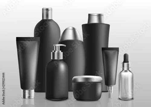 Black and silver realistic toiletries mockup set - shampoo, shower gel, face cream