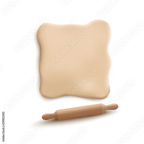 Realistic square piece of rolled dough with wooden rolling pin