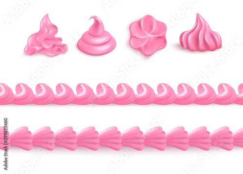 Fotografia Pink whipped cream set - isolated cake icing toppings with different shapes