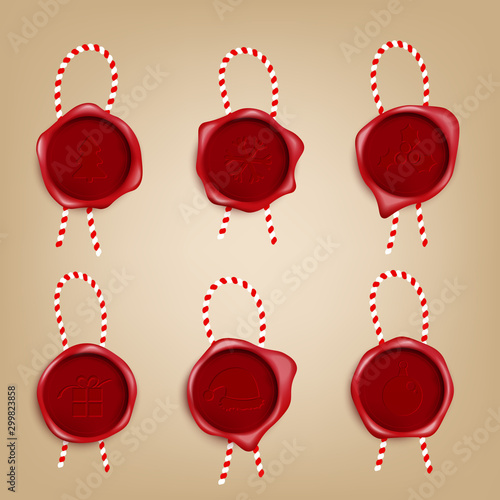 Christmas wax stamp set with red and white string and festive icon insignia