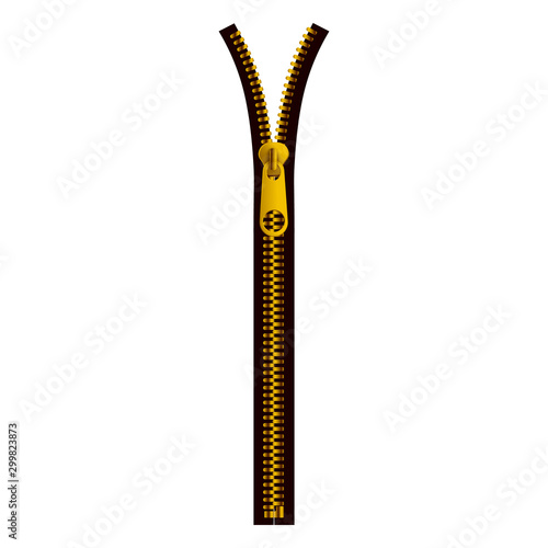 Realistic gold metal opening zipper on black tape isolated on white background -