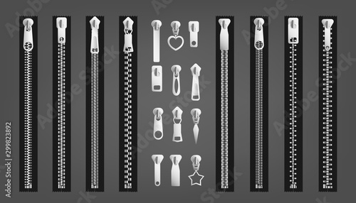 Set of different zippers or fastener realistic vector illustrations isolated.
