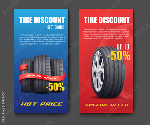 Tire discount flyer set - realistic black car tyres in blue and red brochures