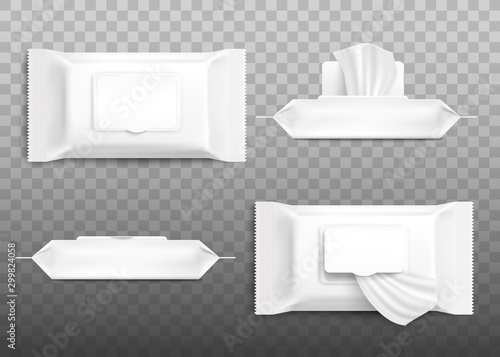 Realistic cosmetic wet wipe pack mockup set with open and closed flap