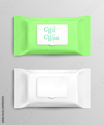 Set of white and green wet wipes packages mockup, realistic vector isolated.