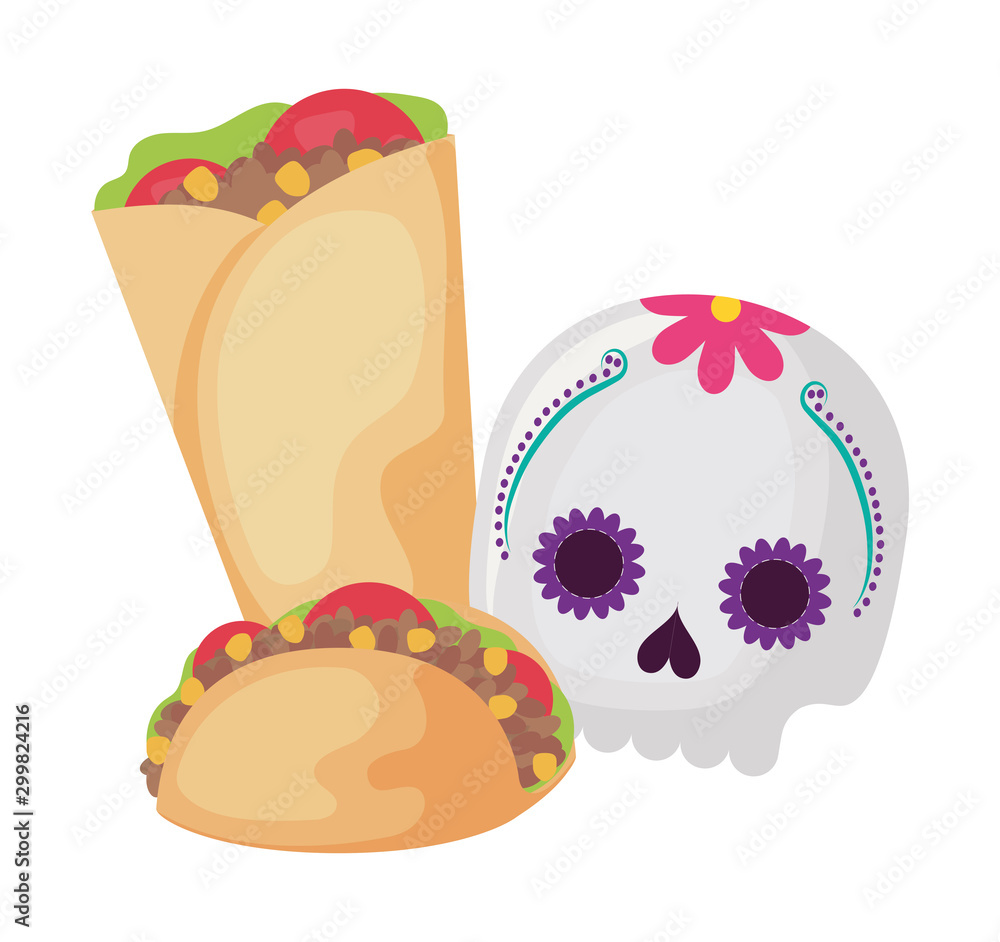 skull with food traditional mexican isolated icon