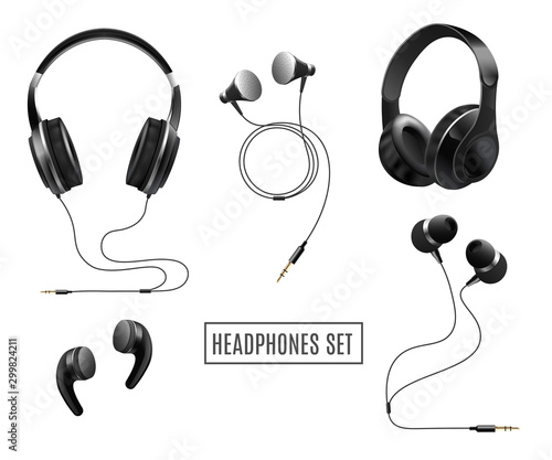 Set of headset - headphones and earphones 3d vector illustration isolated.