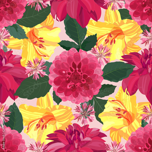 Fototapeta Naklejka Na Ścianę i Meble -  Art floral vector seamless pattern with red dahlias and yellow lilies. Garden flowers with green leaves isolated on white background.