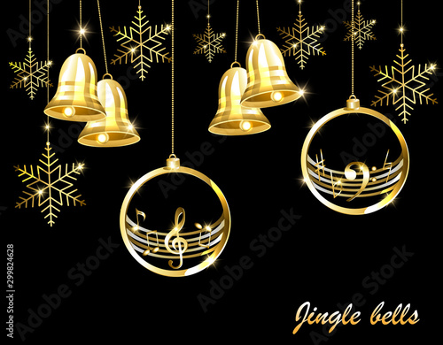 Christmas card with golden bells on a musical theme