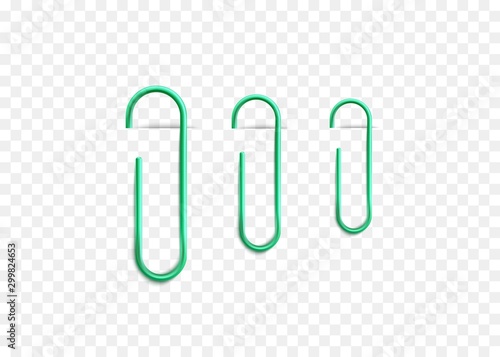 Set of green clips clamping paper edge vector realistic illustration isolated.