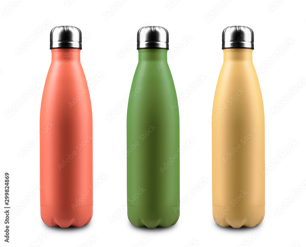 Coral pink, green chive, yellow sunlight or saffron color of steel thermo eco bottle for water isolated on white background. Coral pink, green chive, yellow sunlight or saffron color of steel thermo eco bottle for water isolated on white background.